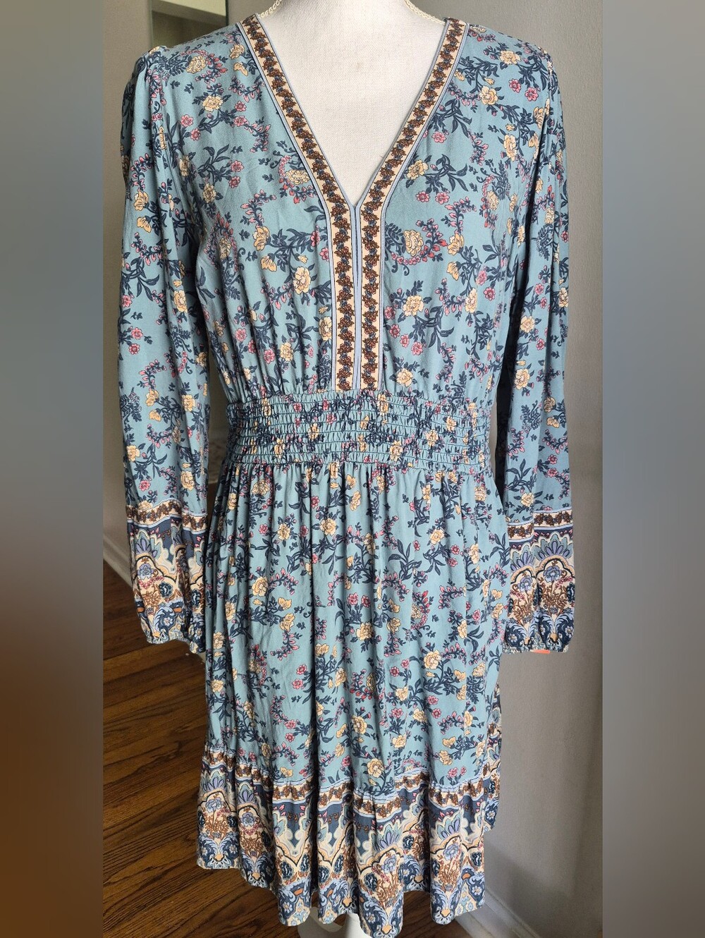 Lucky Brand Blue Floral V-Neck Long Sleeve Dress